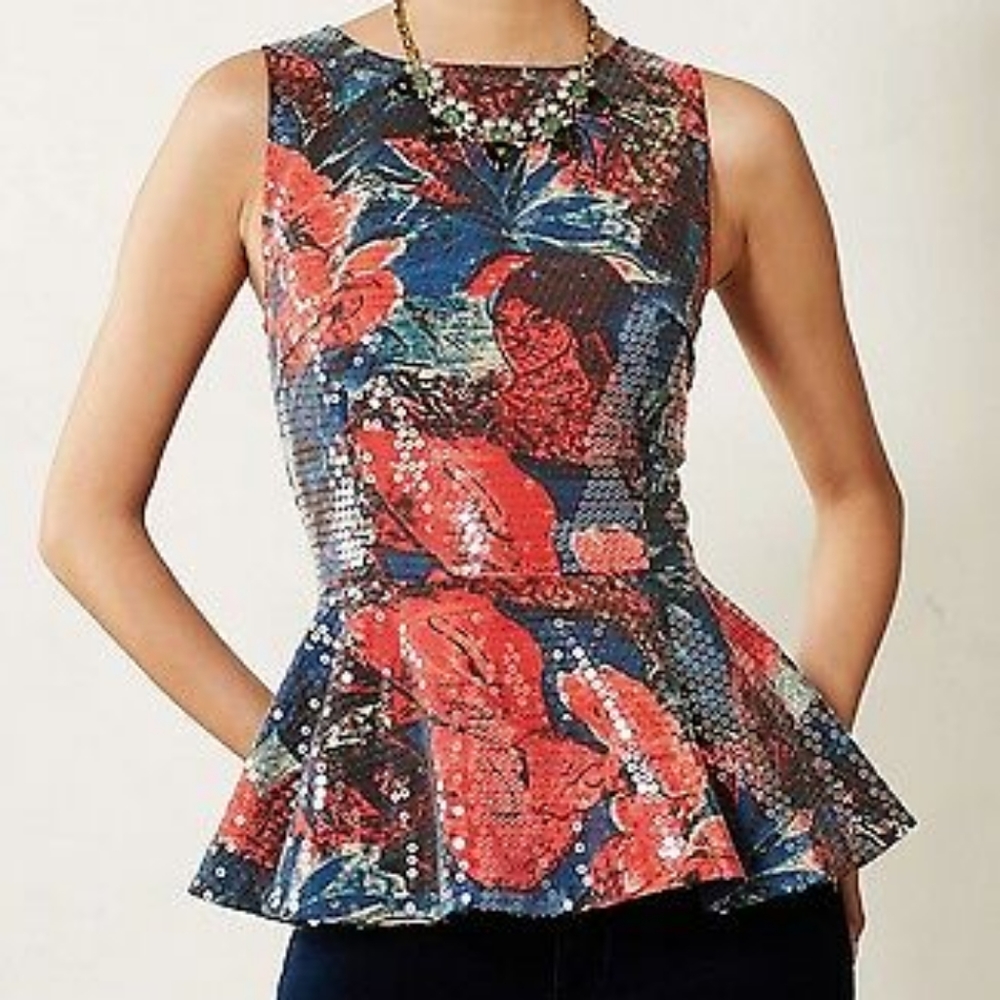 Anthropologie Sequin Peplum Tank - Red multi